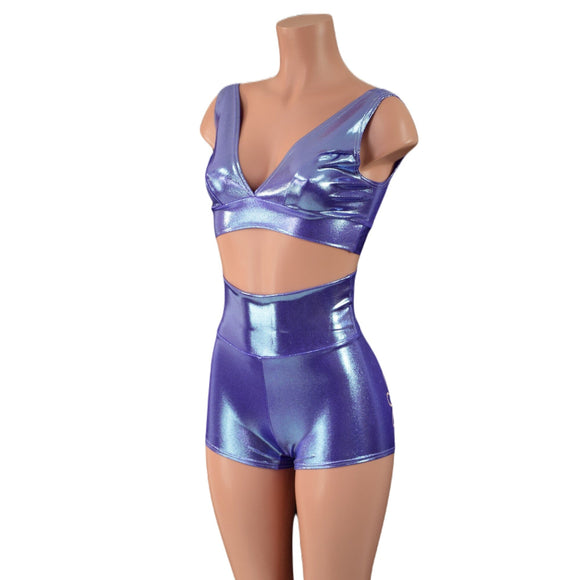 Lavender Ice Starlette Bralette and High Waist Shorts Set with Baby Pink Flowers - Coquetry Clothing