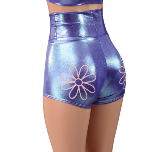 Lavender Ice Starlette Bralette and High Waist Shorts Set with Baby Pink Flowers - Coquetry Clothing