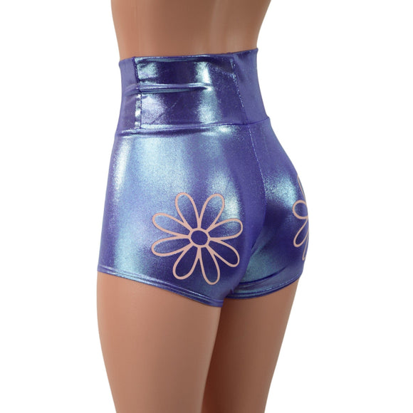 Lavender Ice Starlette Bralette and High Waist Shorts Set with Baby Pink Flowers - Coquetry Clothing