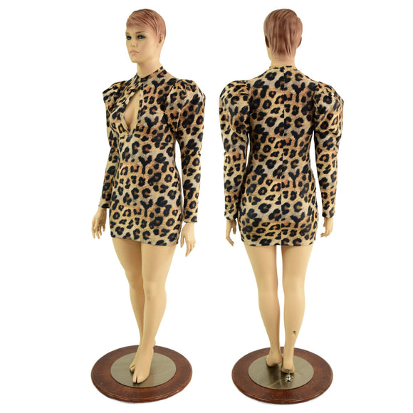 Leopard Print Bodycon Mini Dress with Victoria Sleeves - Coquetry Clothing