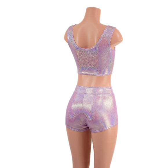 Lilac and Fuchsia Laceup Mini Crop Tank and Midrise Shorts Set - Coquetry Clothing
