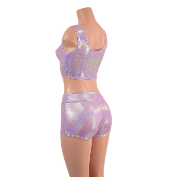Lilac and Fuchsia Laceup Mini Crop Tank and Midrise Shorts Set - Coquetry Clothing