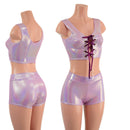 Lilac and Fuchsia Laceup Mini Crop Tank and Midrise Shorts Set - Coquetry Clothing