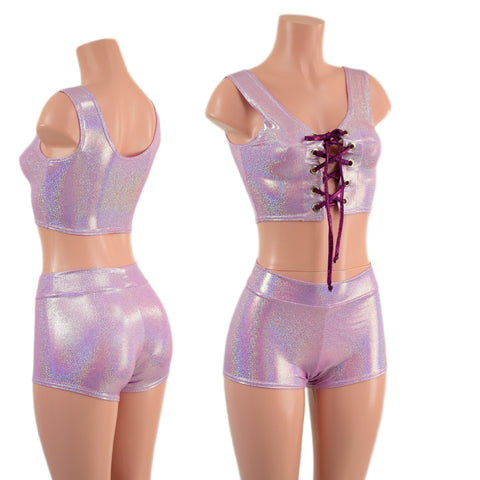 Lilac and Fuchsia Laceup Mini Crop Tank and Midrise Shorts Set - Coquetry Clothing