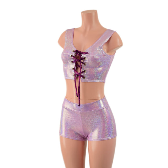 Lilac and Fuchsia Laceup Mini Crop Tank and Midrise Shorts Set - Coquetry Clothing
