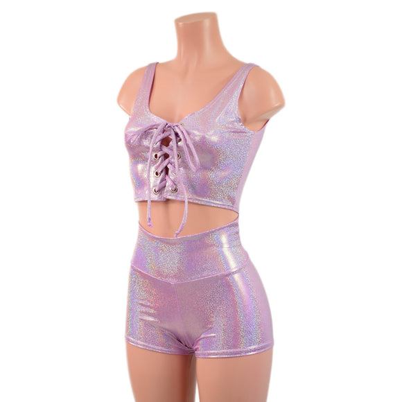 Lilac Holographic Laceup Front Mini Crop Tank and High Waist Shorts Set - Coquetry Clothing