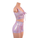 Lilac Holographic Laceup Front Mini Crop Tank and High Waist Shorts Set - Coquetry Clothing