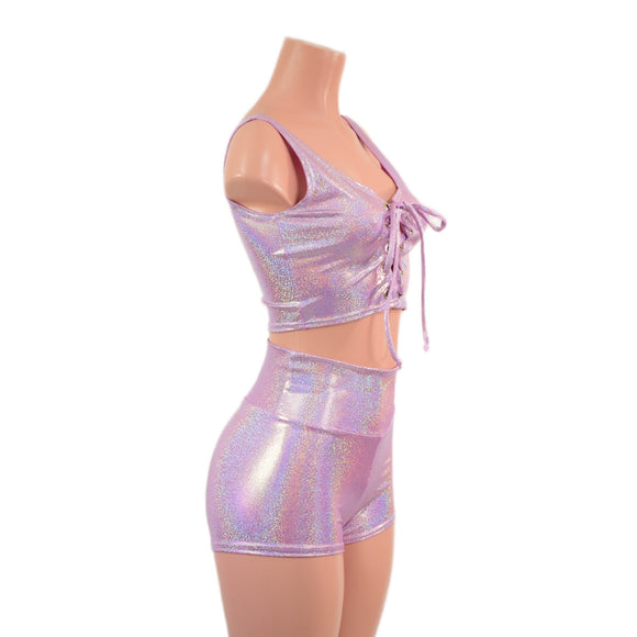Lilac Holographic Laceup Front Mini Crop Tank and High Waist Shorts Set - Coquetry Clothing