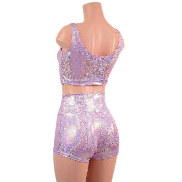 Lilac Holographic Laceup Front Mini Crop Tank and High Waist Shorts Set - Coquetry Clothing