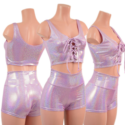 Lilac Holographic Laceup Front Mini Crop Tank and High Waist Shorts Set - Coquetry Clothing