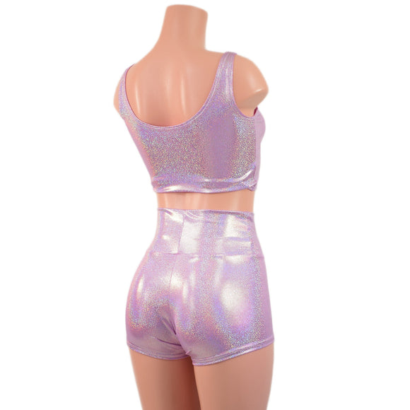 Lilac Holographic Laceup Front Mini Crop Tank and High Waist Shorts Set - Coquetry Clothing