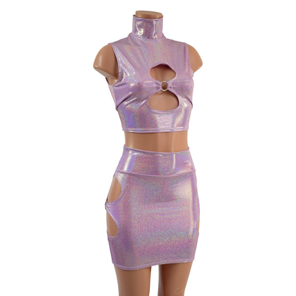 Lilac Holographic O - ring Cutouts Crop Top and Skirt Set - Coquetry Clothing