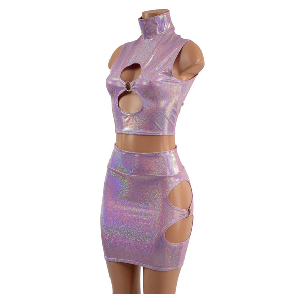 Lilac Holographic O - ring Cutouts Crop Top and Skirt Set - Coquetry Clothing
