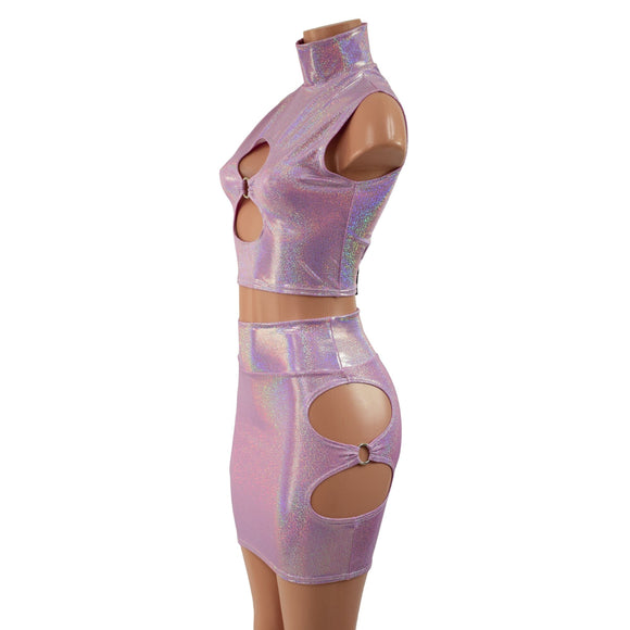 Lilac Holographic O - ring Cutouts Crop Top and Skirt Set - Coquetry Clothing
