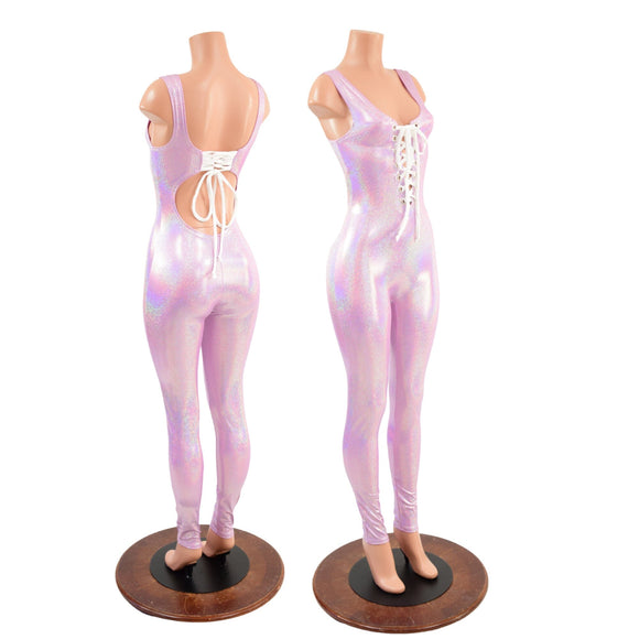 Lilac Tank Style Catsuit with Strappy Back and Laceup Front - Coquetry Clothing