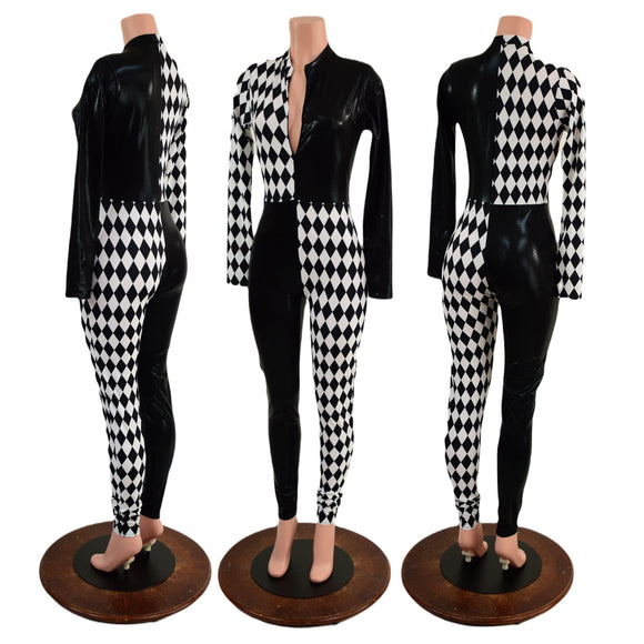Long Sleeve Harlequin Quad Color Blocked Catsuit with Stella Neckline - Coquetry Clothing