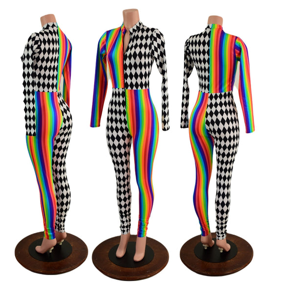 Long Sleeve Harlequin Quad Color Blocked Catsuit with Stella Neckline - Coquetry Clothing