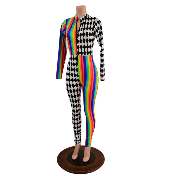 Long Sleeve Harlequin Quad Color Blocked Catsuit with Stella Neckline - Coquetry Clothing