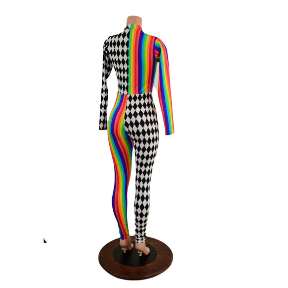 Long Sleeve Harlequin Quad Color Blocked Catsuit with Stella Neckline - Coquetry Clothing