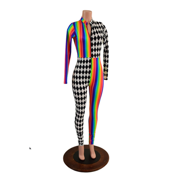 Long Sleeve Harlequin Quad Color Blocked Catsuit with Stella Neckline - Coquetry Clothing