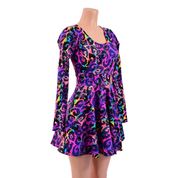 Long Sleeve Skater Dress in Rainbow Leopard - Coquetry Clothing