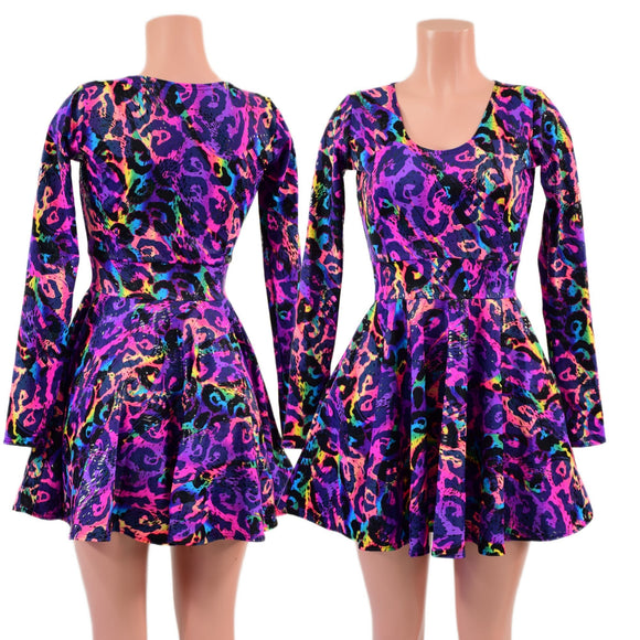 Long Sleeve Skater Dress in Rainbow Leopard - Coquetry Clothing