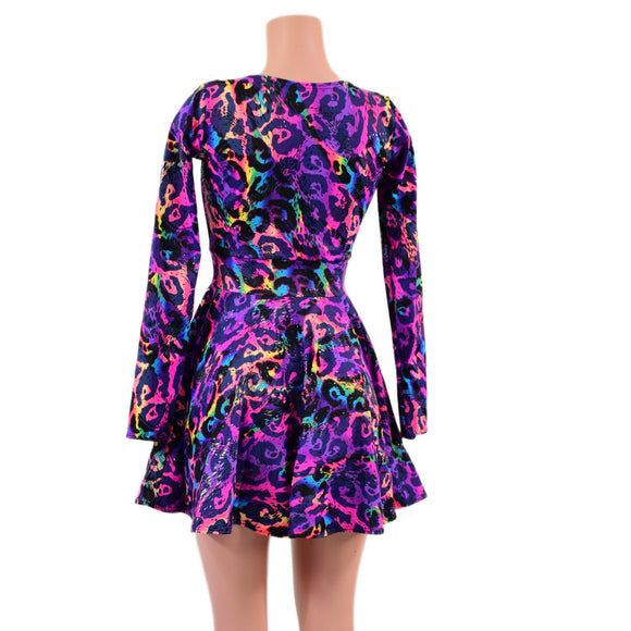 Long Sleeve Skater Dress in Rainbow Leopard - Coquetry Clothing