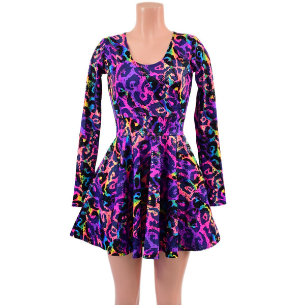 Long Sleeve Skater Dress in Rainbow Leopard - 6