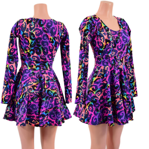 Long Sleeve Skater Dress in Rainbow Leopard - Coquetry Clothing