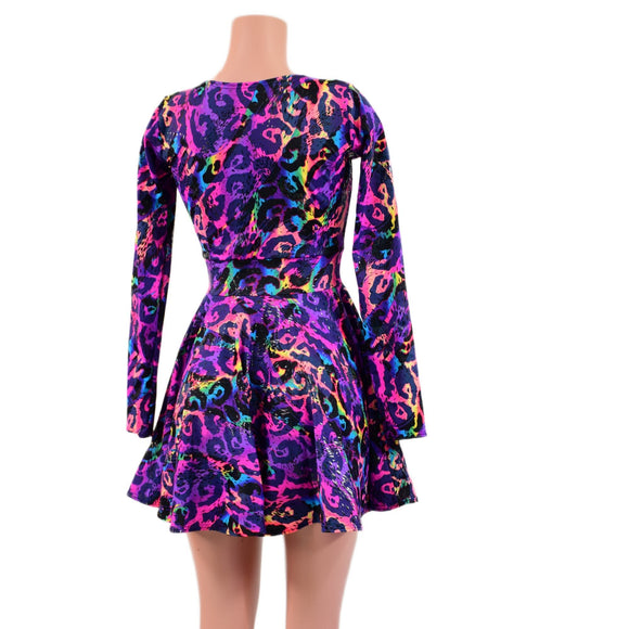 Long Sleeve Skater Dress in Rainbow Leopard - Coquetry Clothing