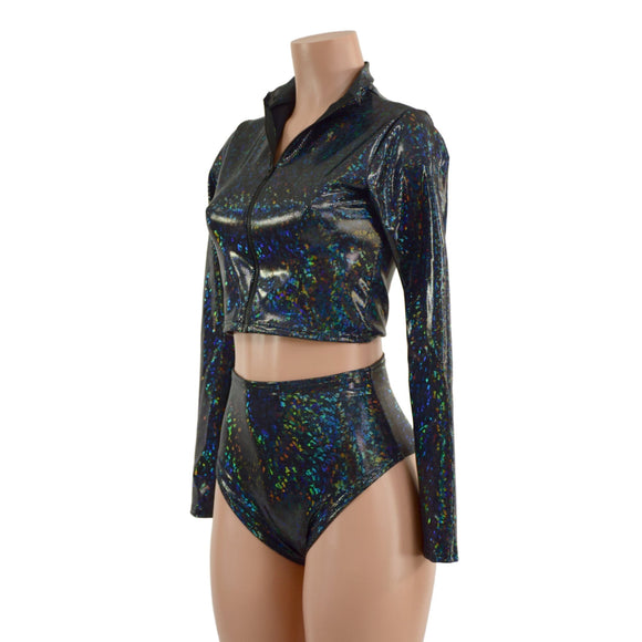 Long Sleeve Zipper Crop Top and Brazilian Shorts Set - Coquetry Clothing