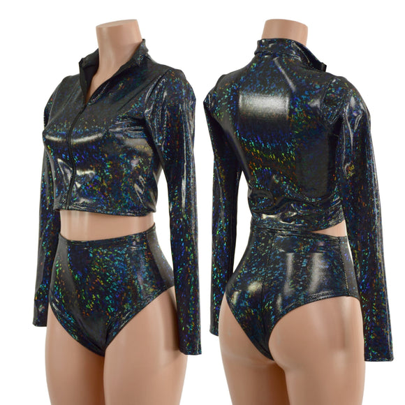Long Sleeve Zipper Crop Top and Brazilian Shorts Set - Coquetry Clothing