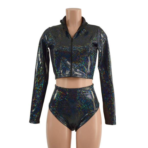 Long Sleeve Zipper Crop Top and Brazilian Shorts Set - Coquetry Clothing