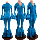 Medium Ready to Ship Dancing Queen Multi Tiered Bell Bottom Catsuit in Peacock Holographic - Coquetry Clothing