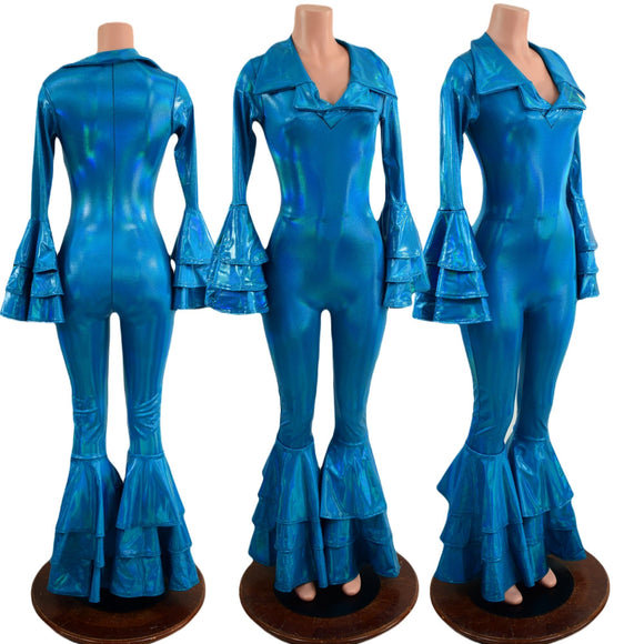 Medium Ready to Ship Dancing Queen Multi Tiered Bell Bottom Catsuit in Peacock Holographic - Coquetry Clothing