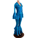 Medium Ready to Ship Dancing Queen Multi Tiered Bell Bottom Catsuit in Peacock Holographic - Coquetry Clothing