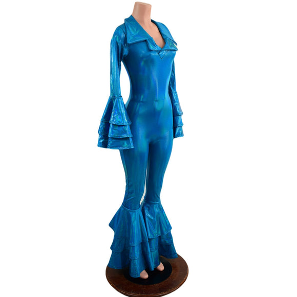 Medium Ready to Ship Dancing Queen Multi Tiered Bell Bottom Catsuit in Peacock Holographic - Coquetry Clothing