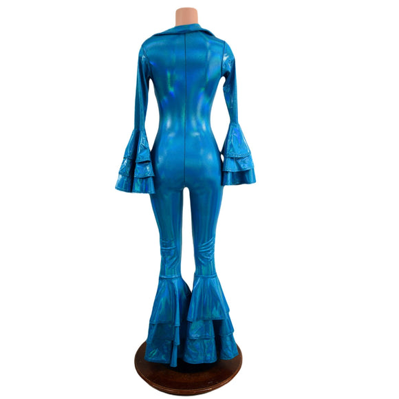 Medium Ready to Ship Dancing Queen Multi Tiered Bell Bottom Catsuit in Peacock Holographic - Coquetry Clothing