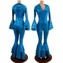 Medium Ready to Ship Dancing Queen Multi Tiered Bell Bottom Catsuit in Peacock Holographic - Coquetry Clothing