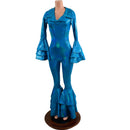 Medium Ready to Ship Dancing Queen Multi Tiered Bell Bottom Catsuit in Peacock Holographic - Coquetry Clothing