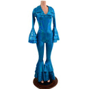 Medium Ready to Ship Dancing Queen Multi Tiered Bell Bottom Catsuit in Peacock Holographic - Coquetry Clothing
