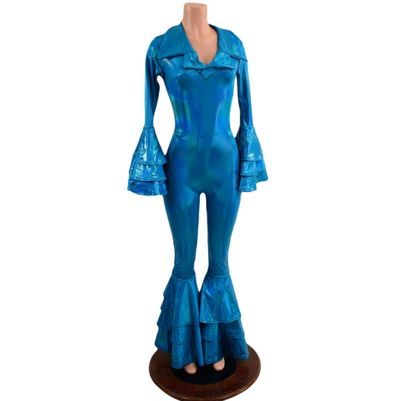 Medium Ready to Ship Dancing Queen Multi Tiered Bell Bottom Catsuit in Peacock Holographic - Coquetry Clothing