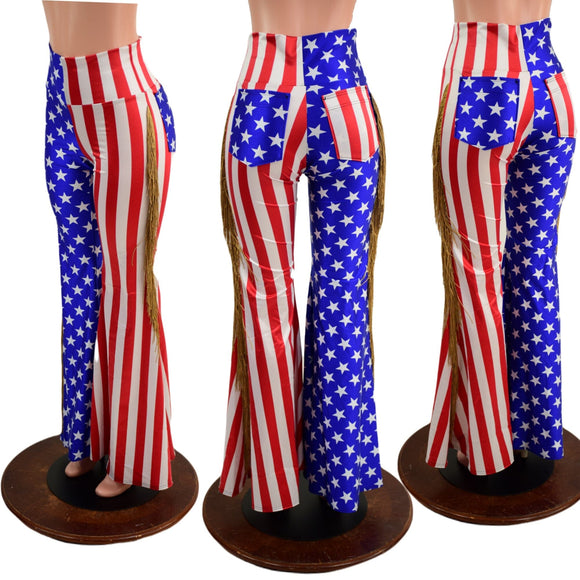Medium Ready to Ship Stars and Stripes Color Split Solar Flares with Back Pockets and Gold Fringe - Coquetry Clothing