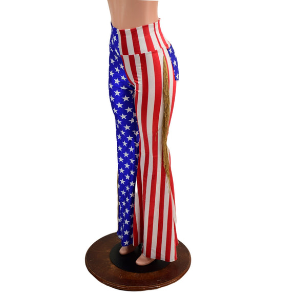 Medium Ready to Ship Stars and Stripes Color Split Solar Flares with Back Pockets and Gold Fringe - Coquetry Clothing