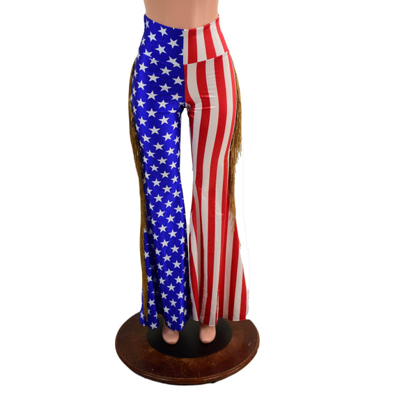 Medium Ready to Ship Stars and Stripes Color Split Solar Flares with Back Pockets and Gold Fringe - Coquetry Clothing