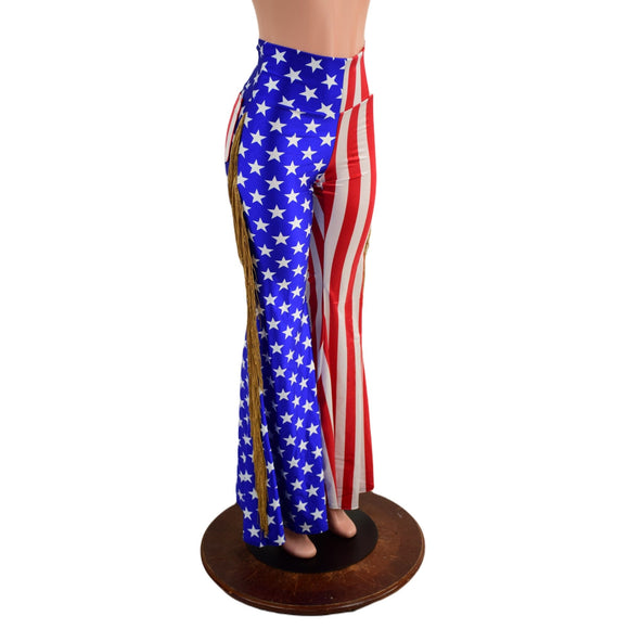 Medium Ready to Ship Stars and Stripes Color Split Solar Flares with Back Pockets and Gold Fringe - Coquetry Clothing