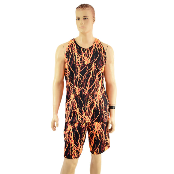 Mens Basketball Shorts and Muscle Shirt Set in Neon Orange Lightning - Coquetry Clothing