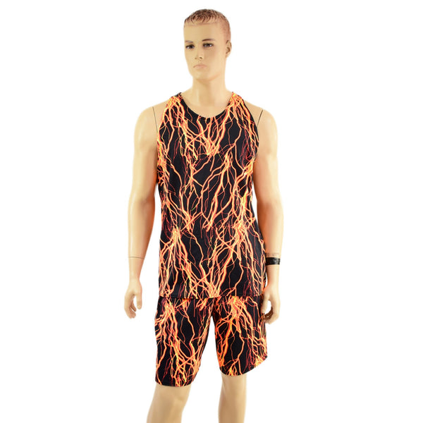 Mens Basketball Shorts and Muscle Shirt Set in Neon Orange Lightning - 13