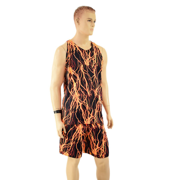 Mens Basketball Shorts and Muscle Shirt Set in Neon Orange Lightning - 4