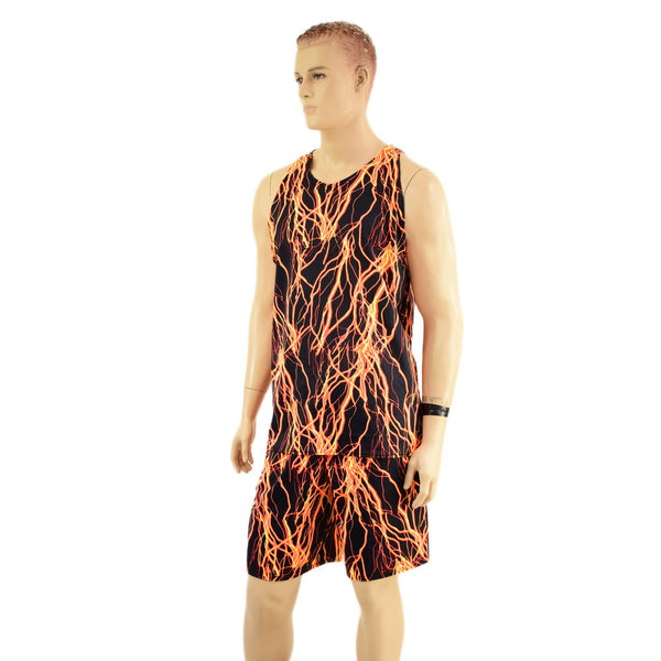 Mens Basketball Shorts and Muscle Shirt Set in Neon Orange Lightning - 8